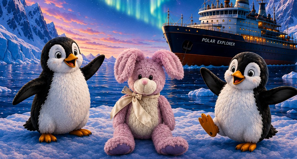 Julie's penguins and Ebby the bunny on the ice in front of the ship Polar Explorer, under the Southern Lights